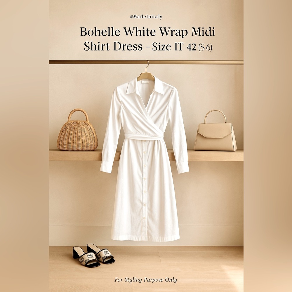 Bohelle White Wrap detail Midi Shirt Dress – Size IT 42 (US 6) – NWT